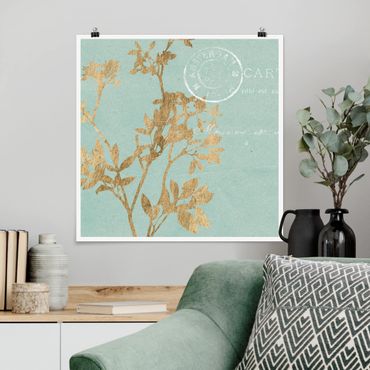 Poster - Golden Leaves On Turquoise I