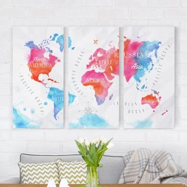 Print on canvas 3 parts - World Map Watercolour Red Blue