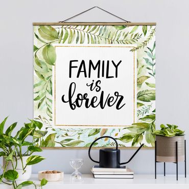 Fabric print with poster hangers - Famiy Is Forever In Golden Frame With Palm Fronds - Square 1:1