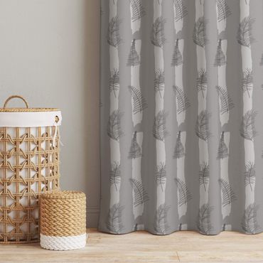 Curtain - Fern Illustration With Stripes - Grey