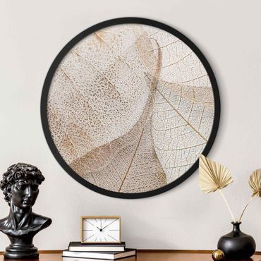 Circular framed print - Delicate Leaf Structure In Gold