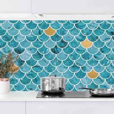 Kitchen wall cladding - Fish Scake Tiles Marble - Turquoise Gold