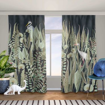 Curtain - Flamingo And Stork With Plants On Green