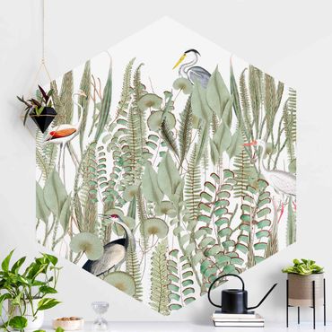 Self-adhesive hexagonal pattern wallpaper - Flamingo And Stork With Plants