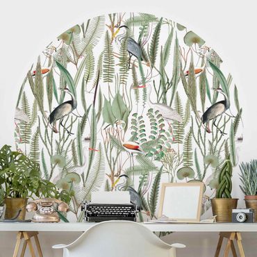 Self-adhesive round wallpaper - Flamingos And Storks With Plants
