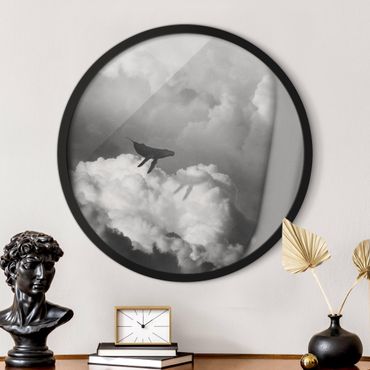 Circular framed print - Flying Whale Up In The Clouds