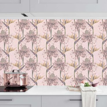 Kitchen wall cladding - Floral Elegance Vintage Strelitzia On Pink Backdrop XXL