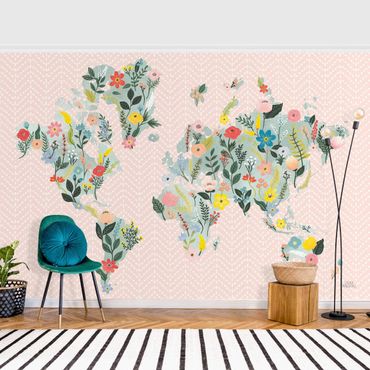 Wallpaper - Floral World Map Turquoise