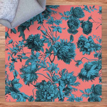 Cork mat - Floral Copper Engraving Blue Coral - Portrait format 2:3
