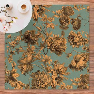 Cork mat - Floral Copper Engraving Golden Blue - Square 1:1