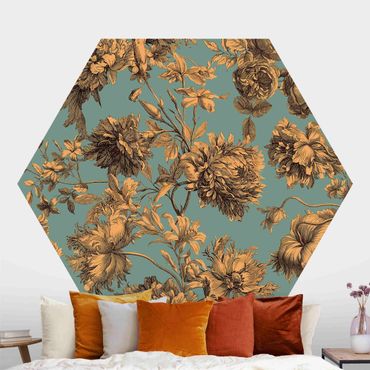 Self-adhesive hexagonal pattern wallpaper - Floral Copper Engraving Golden Blue