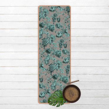 Yoga mat - Floral Copper Engraving Turquoise Grey