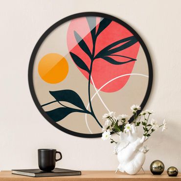 Circular framed print - Shapes And Leaves In Blue