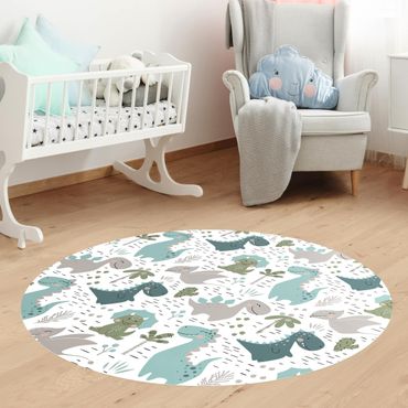 Vinyl Floor Mat round - Friendly Dinosaur With Palm Trees And Cacti