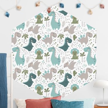 Self-adhesive hexagonal pattern wallpaper - Friendly Dinosaur With Palm Trees And Cacti