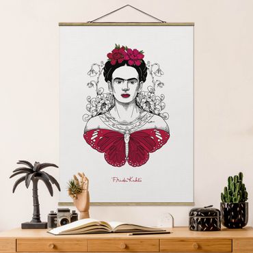 Fabric print with poster hangers - Frida Kahlo Portrait With Flowers And Butterflies - Portrait format 3:4