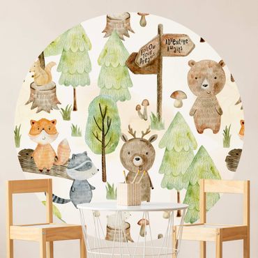 Self-adhesive round wallpaper kids - Fox And Bear With Trees