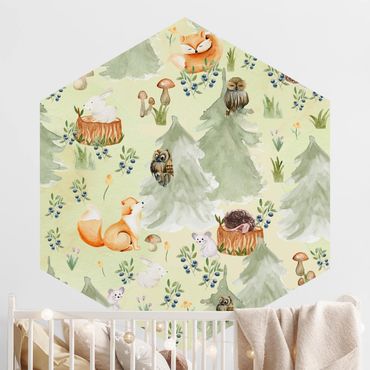 Self-adhesive hexagonal pattern wallpaper - Fox And Owl With Trees