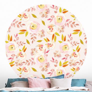 Self-adhesive round wallpaper - Yellow Leaves With Watercolour Flowers In Front Of Pink