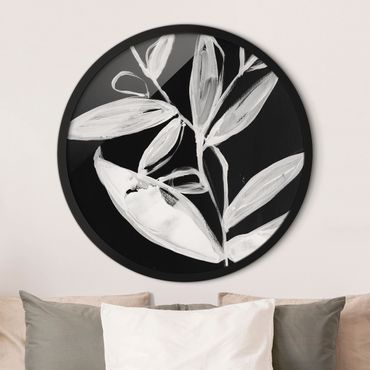 Circular framed print - Painted Leaves On Black