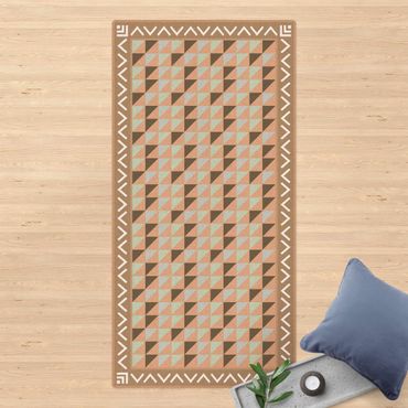 Cork mat - Geometrical Tiles Small Triangles Olive green with Border - Portrait format 1:2