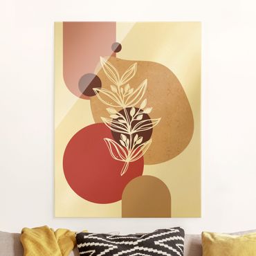 Glass print - Geometrical Shapes - Leaves Pink Gold - Portrait format