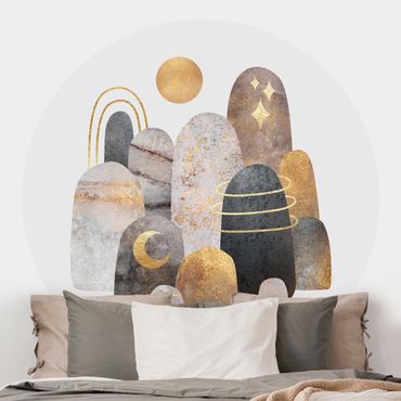 Self-adhesive round wallpaper - Golden Mountain With Moon