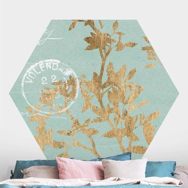 Self-adhesive hexagonal pattern wallpaper - Golden Leaves On Turquoise II