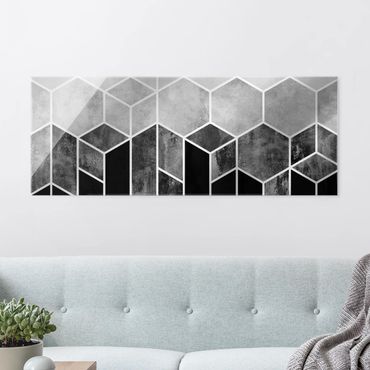 Glass print - Golden Geometry - Hexagons Black White  - Panorama