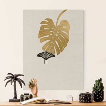 Natural canvas print - Golden Monstera With Butterfly - Portrait format 3:4