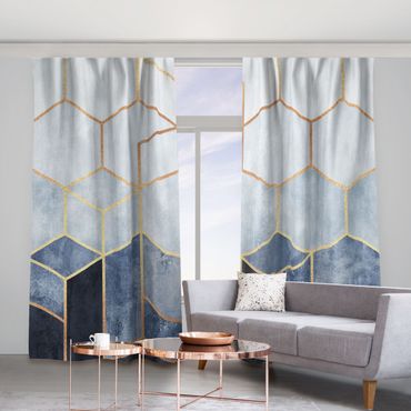 Curtain - Golden Hexagons Blue White