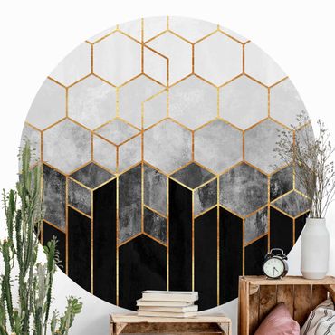 Self-adhesive round wallpaper - Golden Hexagons Black And White
