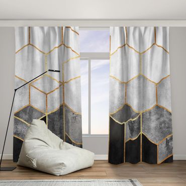 Curtain - Golden Hexagons Black And White
