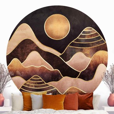 Self-adhesive round wallpaper - Golden Sun Abstract Mountains