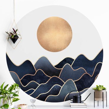 Self-adhesive round wallpaper - Golden Sun Blue Waves