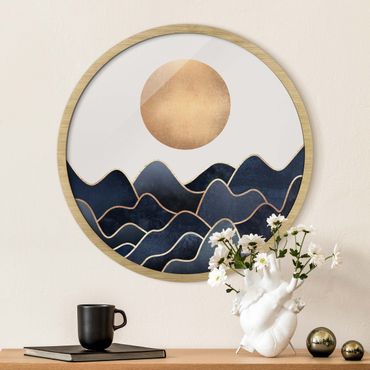 Circular framed print - Golden Sun Blue Waves