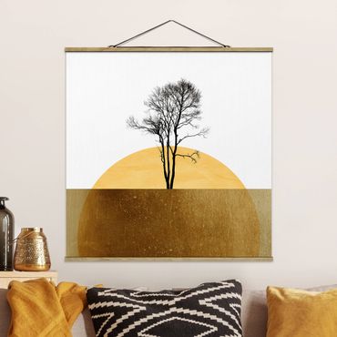 Fabric print with poster hangers - Golden Sun With Tree - Square 1:1