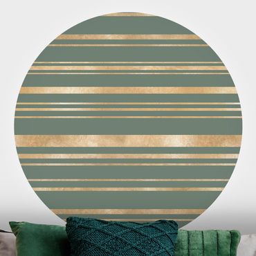 Self-adhesive round wallpaper - Golden Stripes Green Backdrop