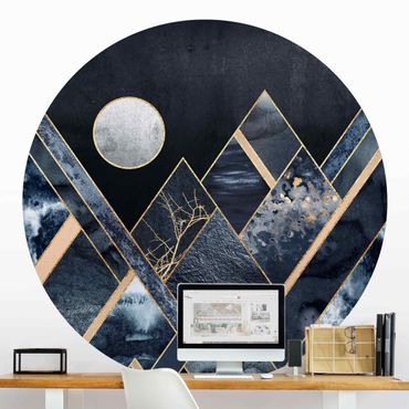 Self-adhesive round wallpaper - Golden Moon Abstract Black Mountains
