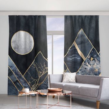 Curtain - Golden Moon Abstract Black Mountains