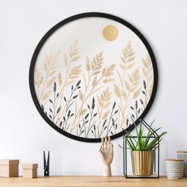 Circular framed print - Grasses And Moon In Gold And Black