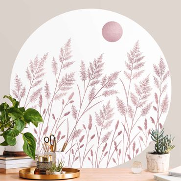 Self-adhesive round wallpaper - Grasses And Moon In Coppery