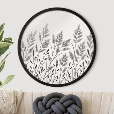 Circular framed print - Grasses And Moon In Black
