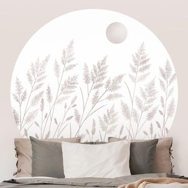 Self-adhesive round wallpaper - Grasses And Moon In Silver