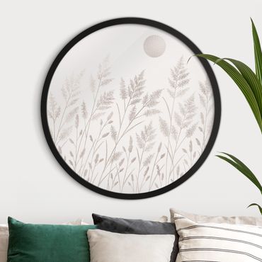 Circular framed print - Grasses And Moon In Silver