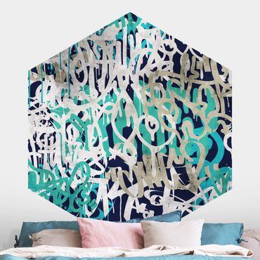 Self-adhesive hexagonal wall mural - Graffiti Art Tagged Wall Turquoise