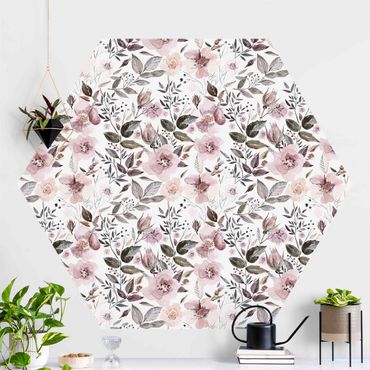 Self-adhesive hexagonal pattern wallpaper - Gray Leaves With Watercolour Flowers