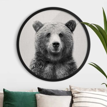 Circular framed print - Grizzly Bear Gustel Black And White