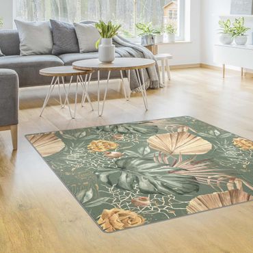 Rug - Large Leaves With Roses In Front Of Green