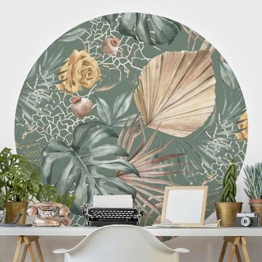 Self-adhesive round wallpaper - Large Leaves With Roses In Front Of Green